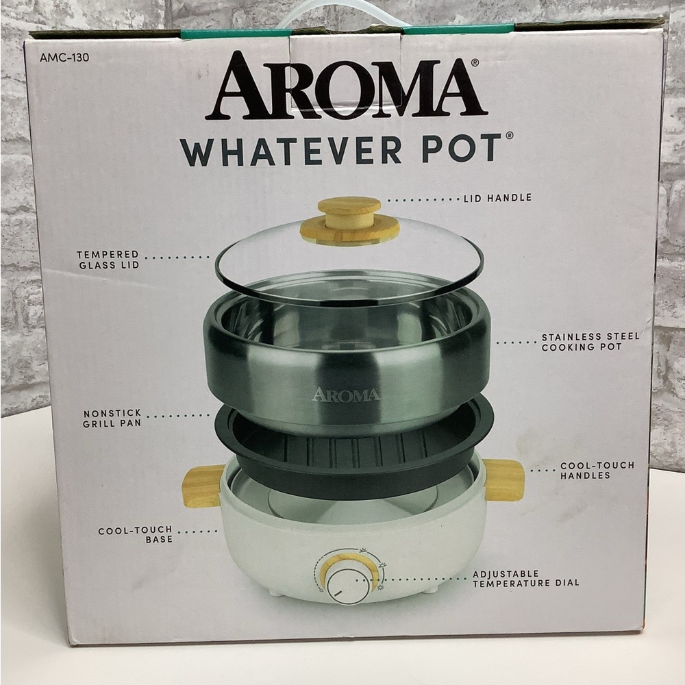 Aroma Whatever Pot Indoor Grill Cooking Hot Pot Sear Simmer Steamer New NWT NIB